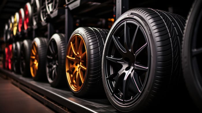 Pneus de carros em uma oficina mecânica.